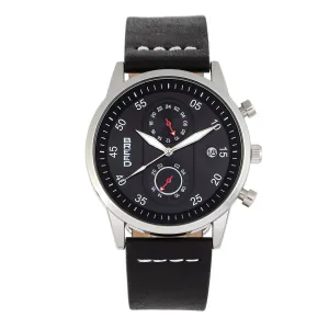 Breed Andreas Leather-Band Watch w/ Date - Silver/Black