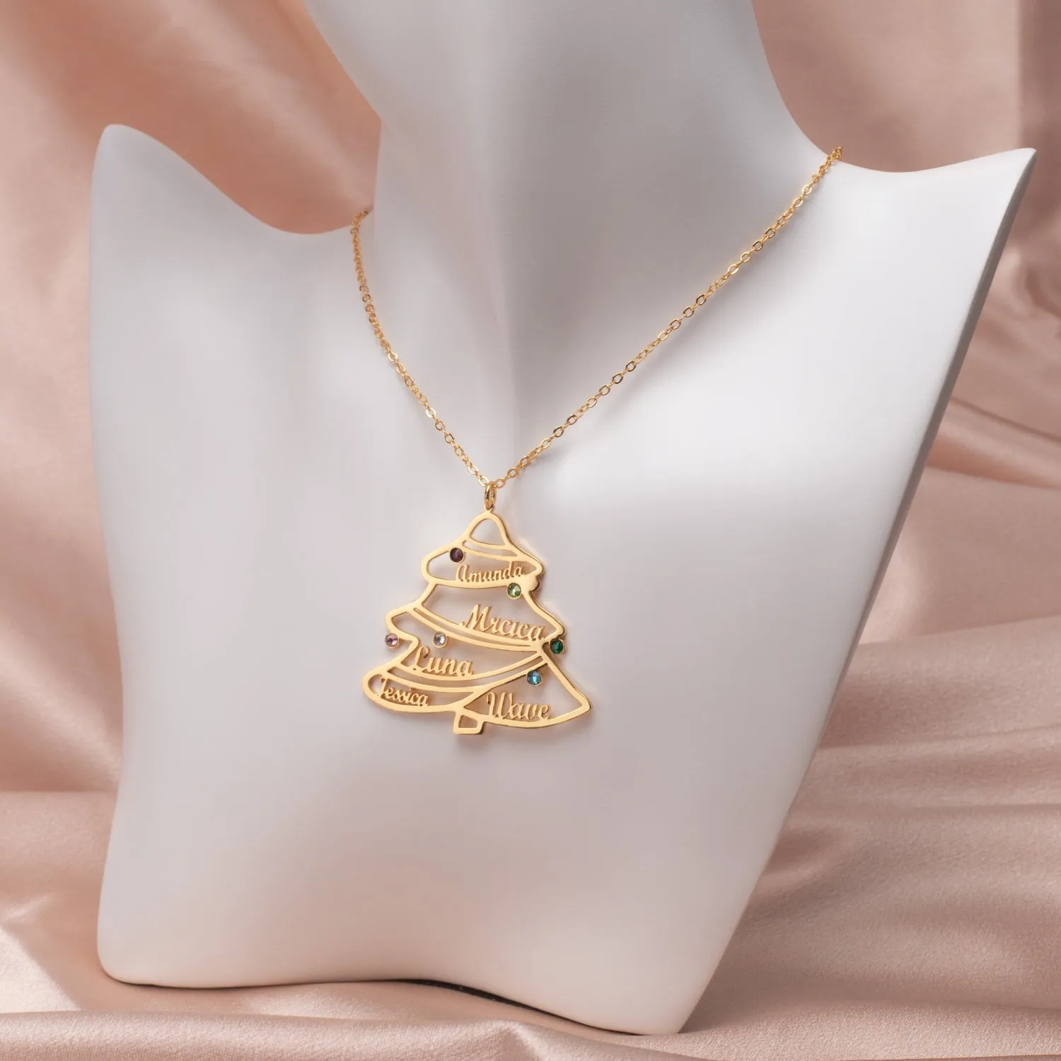 Personalized Christmas Tree Name Necklace, Family Names Jewelry, Holiday Keepsake Gift